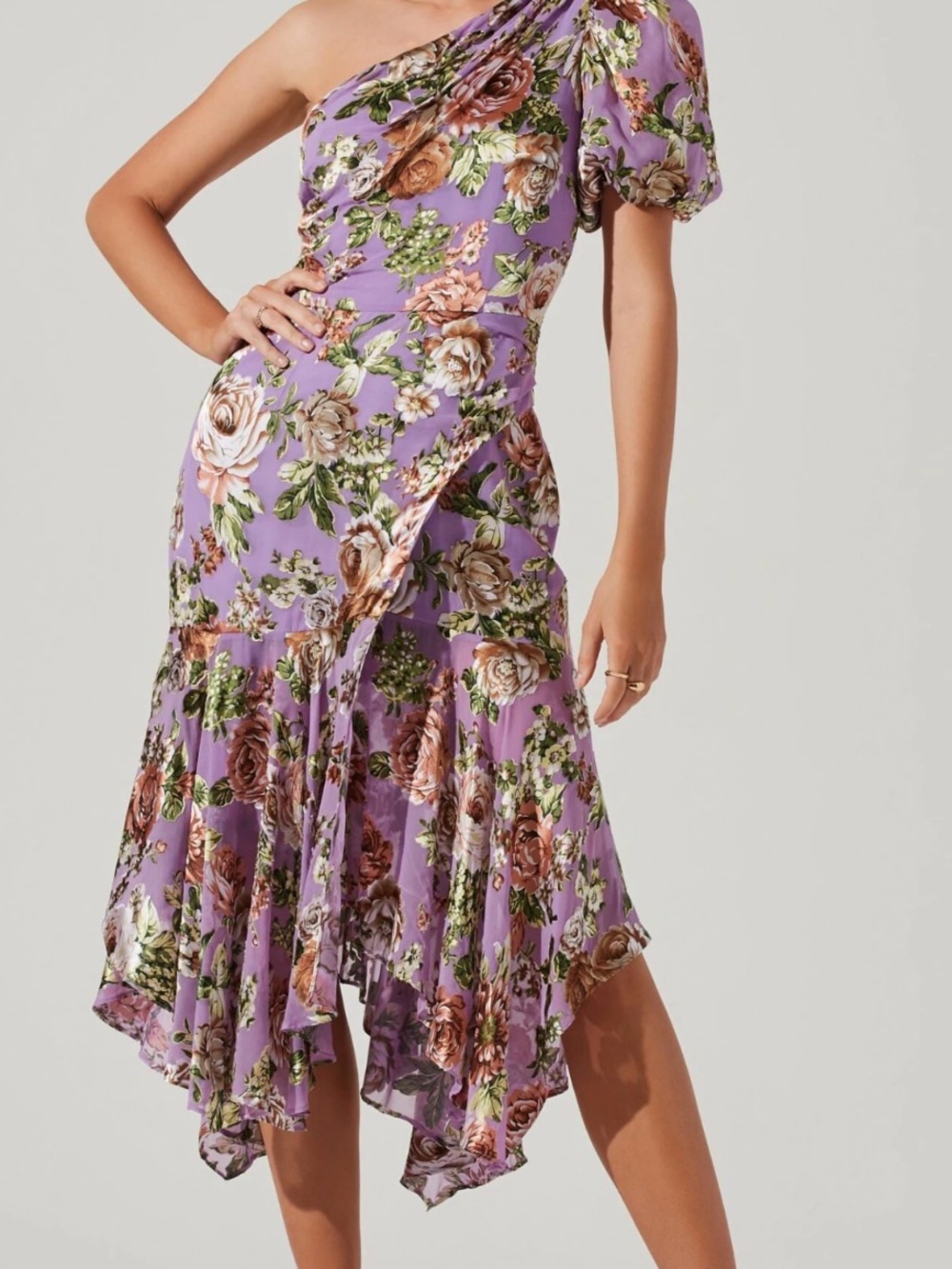 Astr One-Shoulder Lavender Floral Asymmetrical Midi Dress